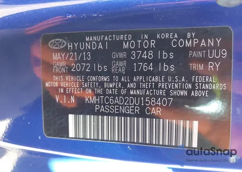 2013 Hyundai Veloster Base W/Black z USA, uszkodzony, nr VIN KMHTC6AD2DU158407